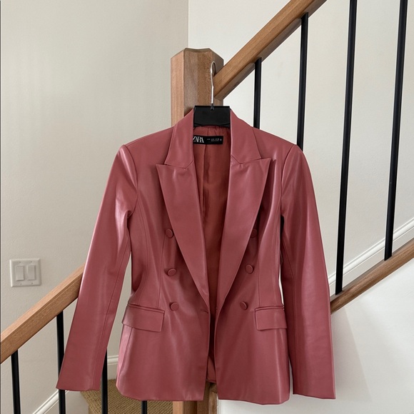 Zara Faux Leather Double-Breasted Rose Marsala Blazer Size S - Picture 3 of 9